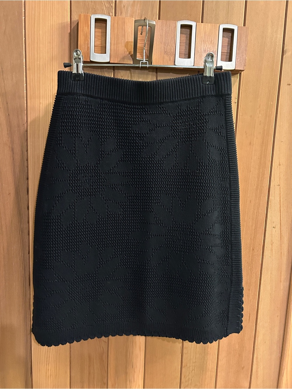 Rebecca Taylor Black Knit Pencil Skirt with Floral Motif